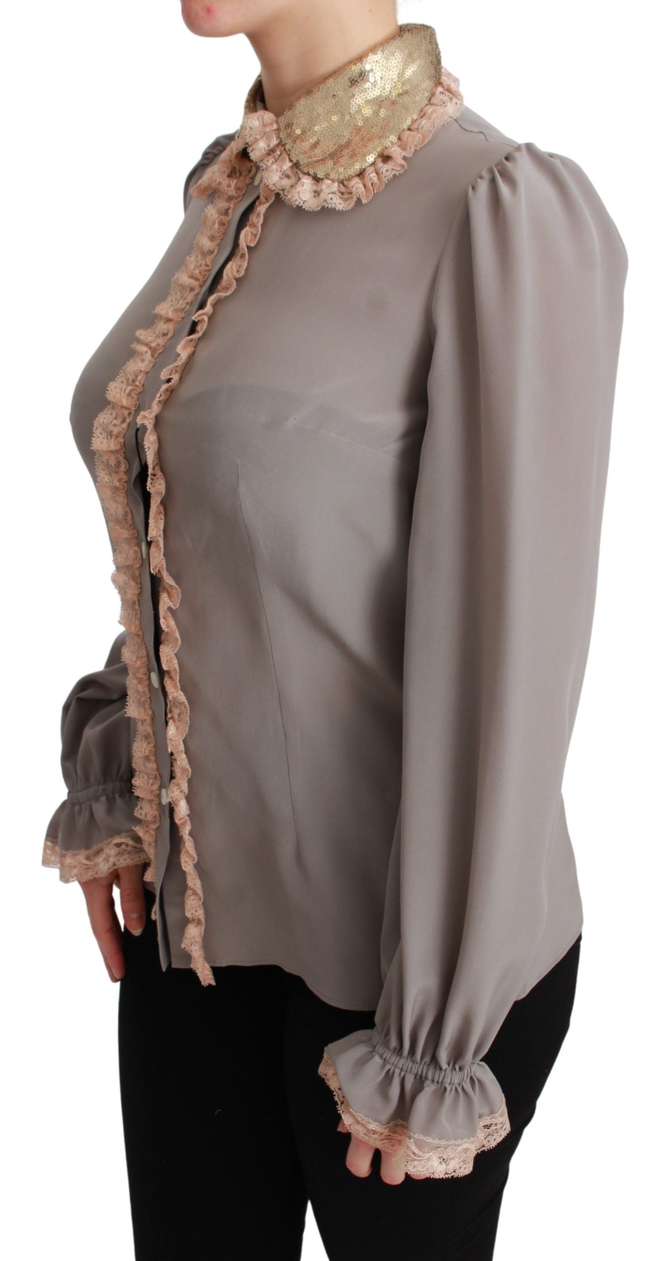 Dolce &amp; Gabbana Gray Silk Gold Sequin Lace Blouse Shirt
