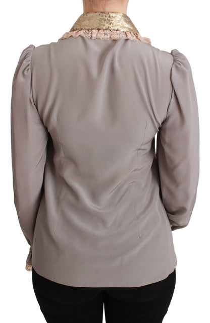 Dolce &amp; Gabbana Gray Silk Gold Sequin Lace Blouse Shirt