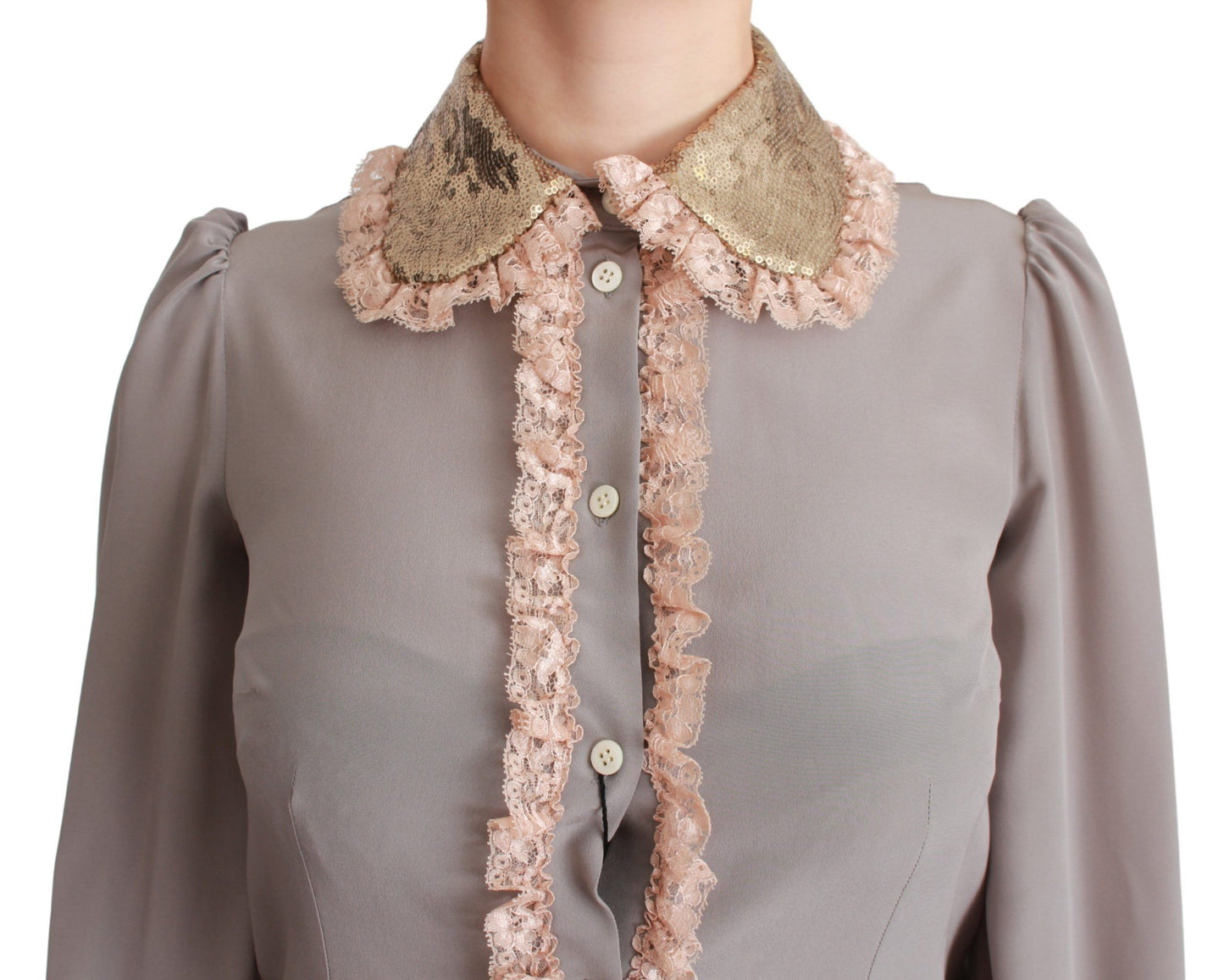 Dolce &amp; Gabbana Gray Silk Gold Sequin Lace Blouse Shirt