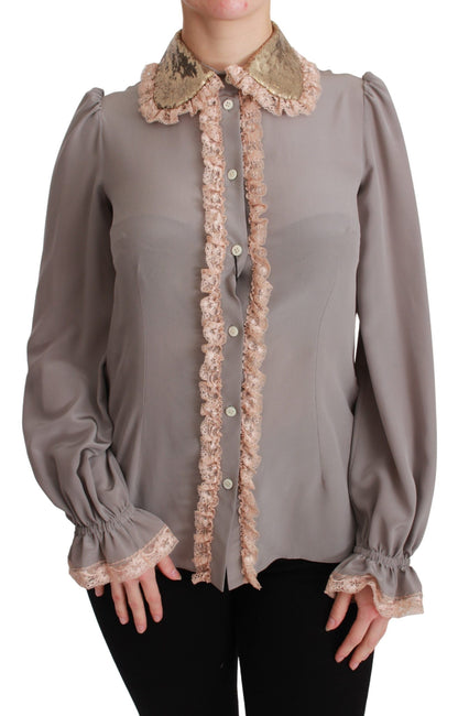 Dolce &amp; Gabbana Gray Silk Gold Sequin Lace Blouse Shirt