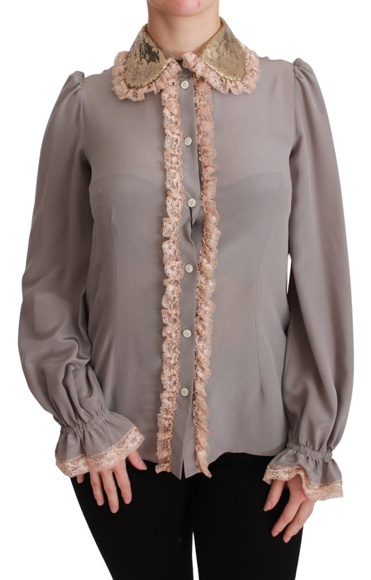 Dolce &amp; Gabbana Gray Silk Gold Sequin Lace Blouse Shirt