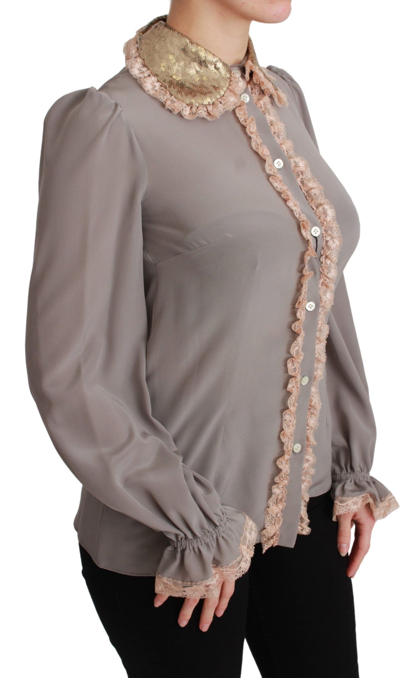 Dolce &amp; Gabbana Gray Silk Gold Sequin Lace Blouse Shirt