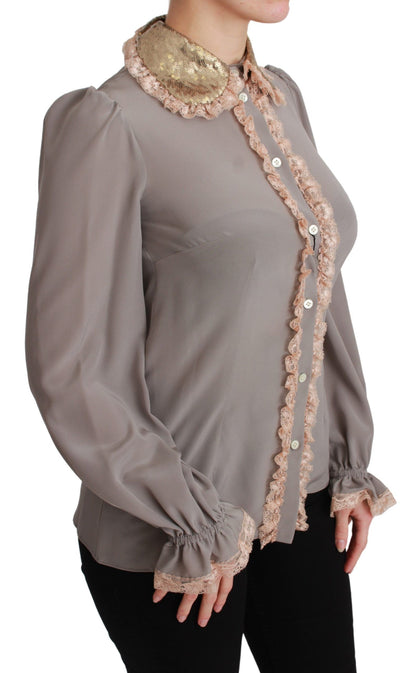 Dolce &amp; Gabbana Gray Silk Gold Sequin Lace Blouse Shirt