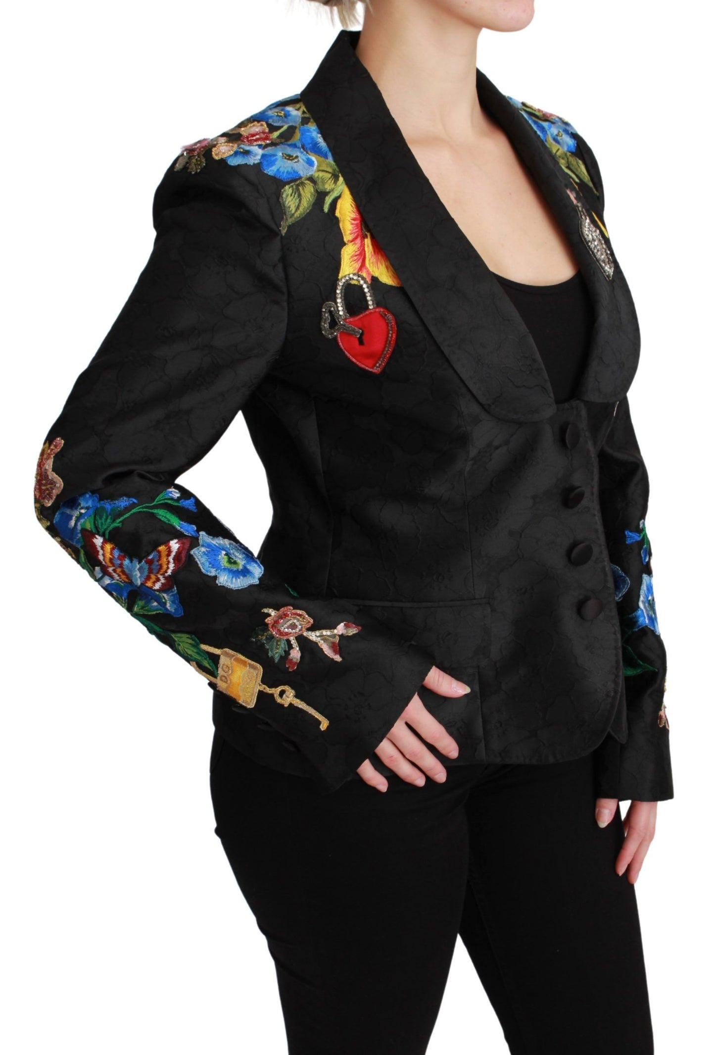 Dolce &amp; Gabbana – Schwarze Blazerjacke aus Brokat mit Kristallen