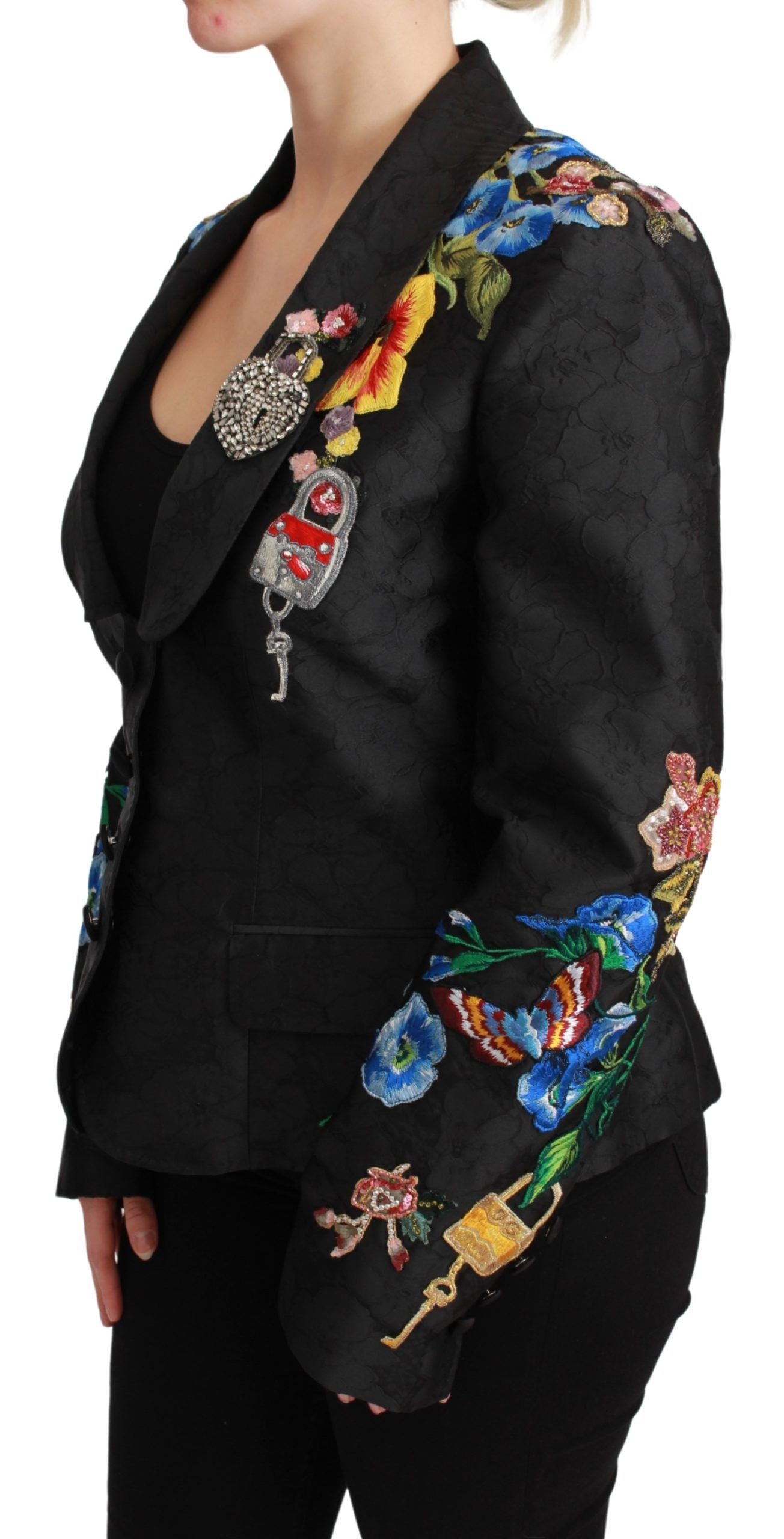 Dolce &amp; Gabbana – Schwarze Blazerjacke aus Brokat mit Kristallen