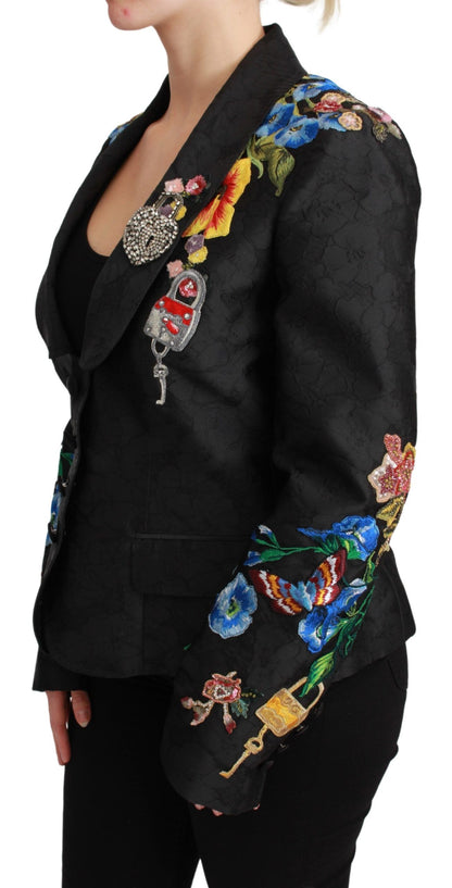 Dolce &amp; Gabbana – Schwarze Blazerjacke aus Brokat mit Kristallen