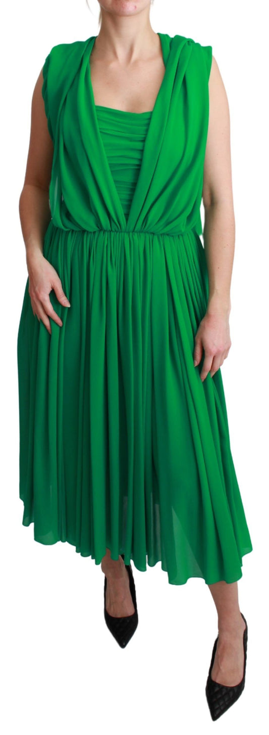 Dolce &amp; Gabbana – Grünes, ärmelloses, plissiertes Maxikleid aus 100 % Seide