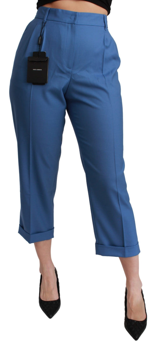 Dolce &amp; Gabbana – Blaue, plissierte, verkürzte Wollhose mit Bündchen