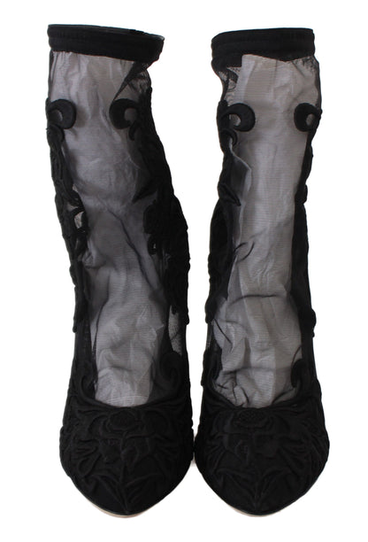 Dolce &amp; Gabbana Schwarze Rosen Stilettos Booties Socken Schuhe