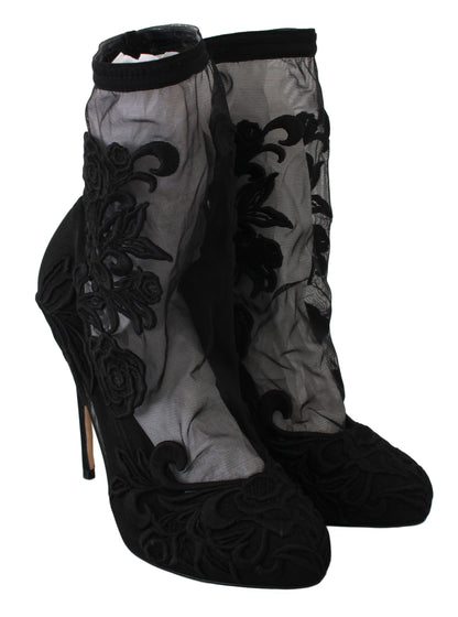 Dolce &amp; Gabbana Schwarze Rosen Stilettos Booties Socken Schuhe
