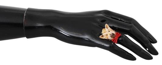 Dolce &amp; Gabbana Gold Messing Harz Beige Hund Haustier Marke Accessoire Ring