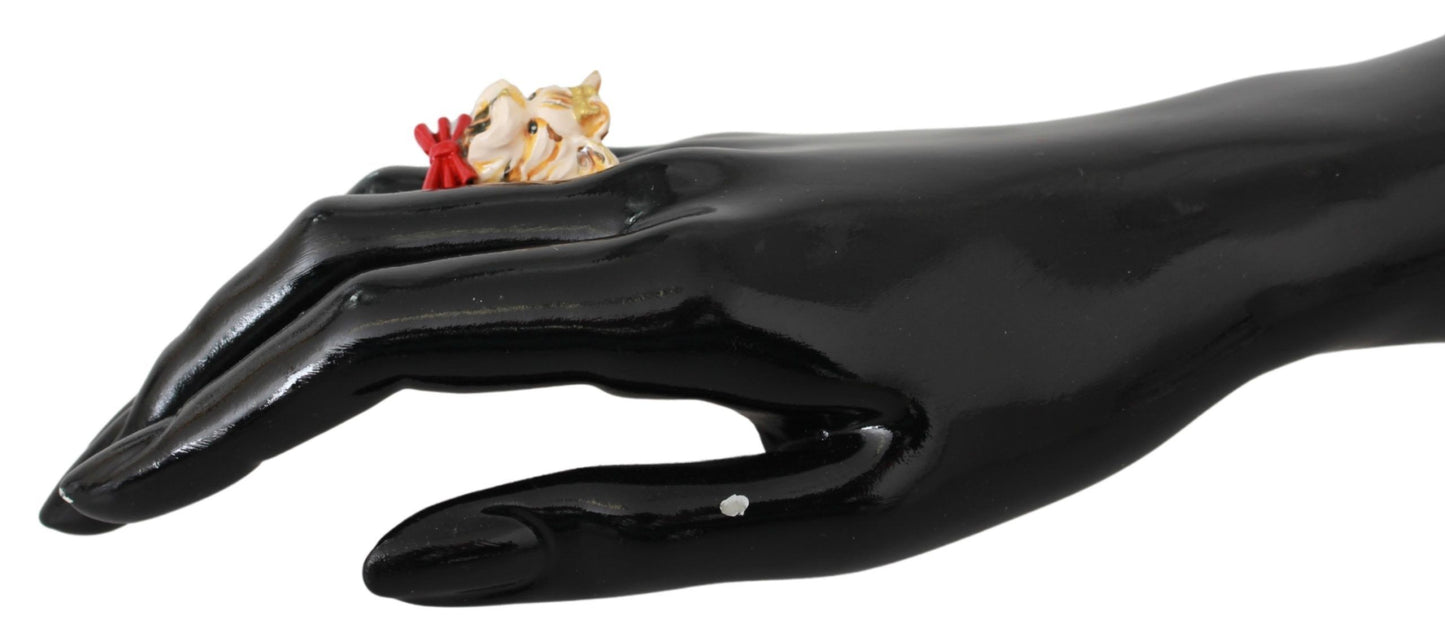 Dolce &amp; Gabbana Gold Messing Harz Beige Hund Haustier Marke Accessoire Ring