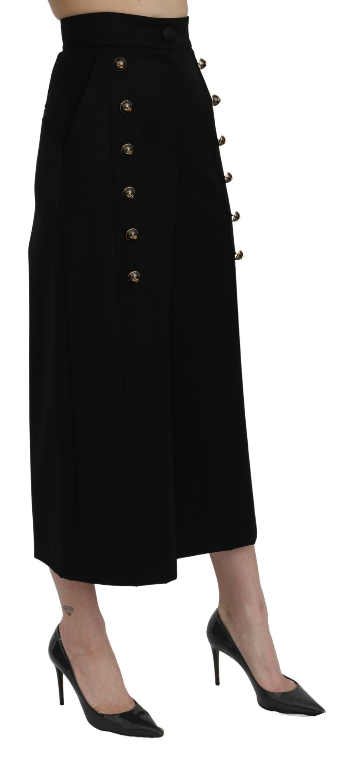 Dolce &amp; Gabbana – Schwarze, knöchellange Hose mit weitem Bein und hoher Taille