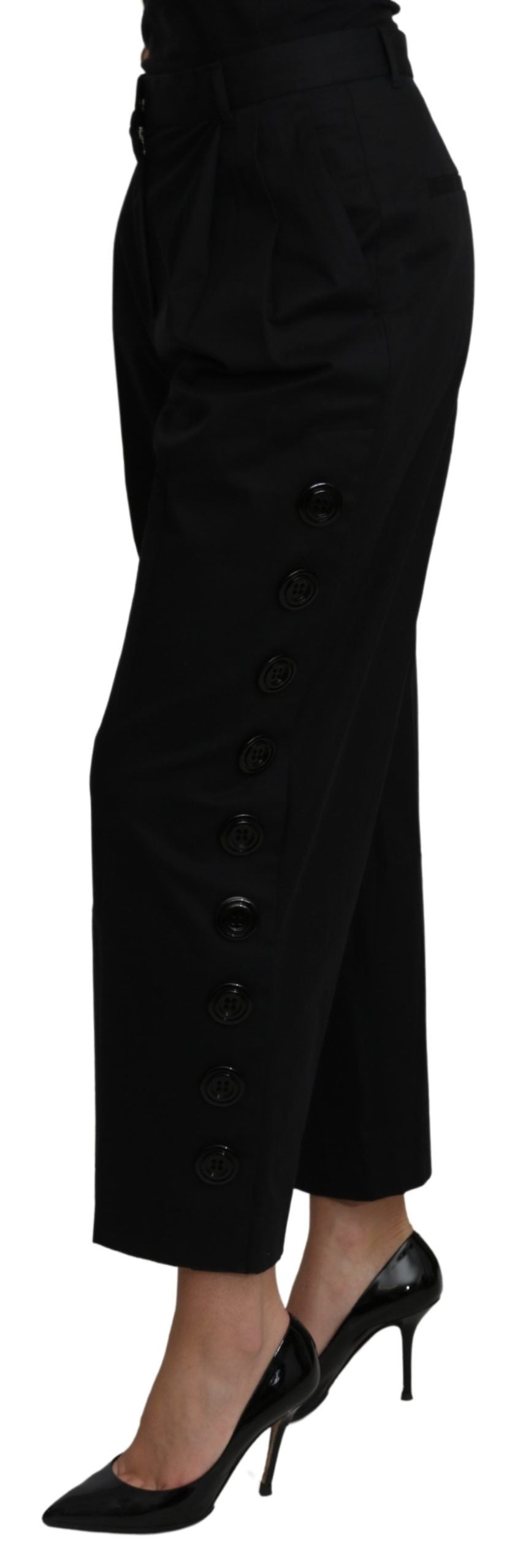 Dolce &amp; Gabbana – Schwarze, verkürzte Hose aus Baumwollstretch mit hoher Taille