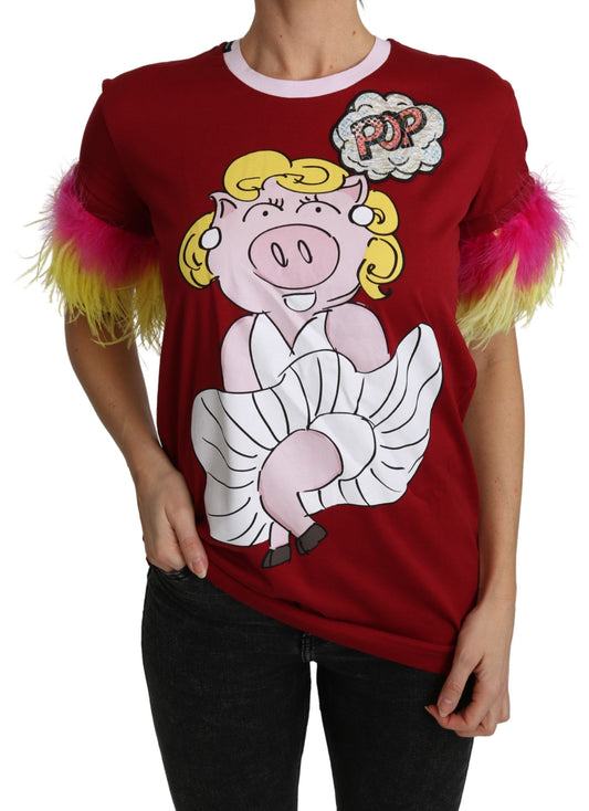 Dolce &amp; Gabbana – T-Shirt-Oberteil mit rotem Schweine-Print und Federärmeln