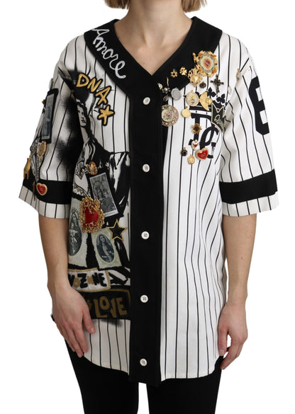 Dolce &amp; Gabbana White and black Blouse Cotton Crystal Charms Amore Shirt