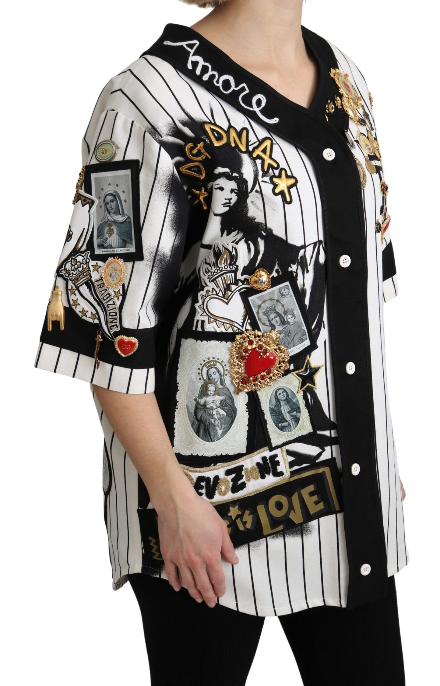 Dolce &amp; Gabbana White and black Blouse Cotton Crystal Charms Amore Shirt