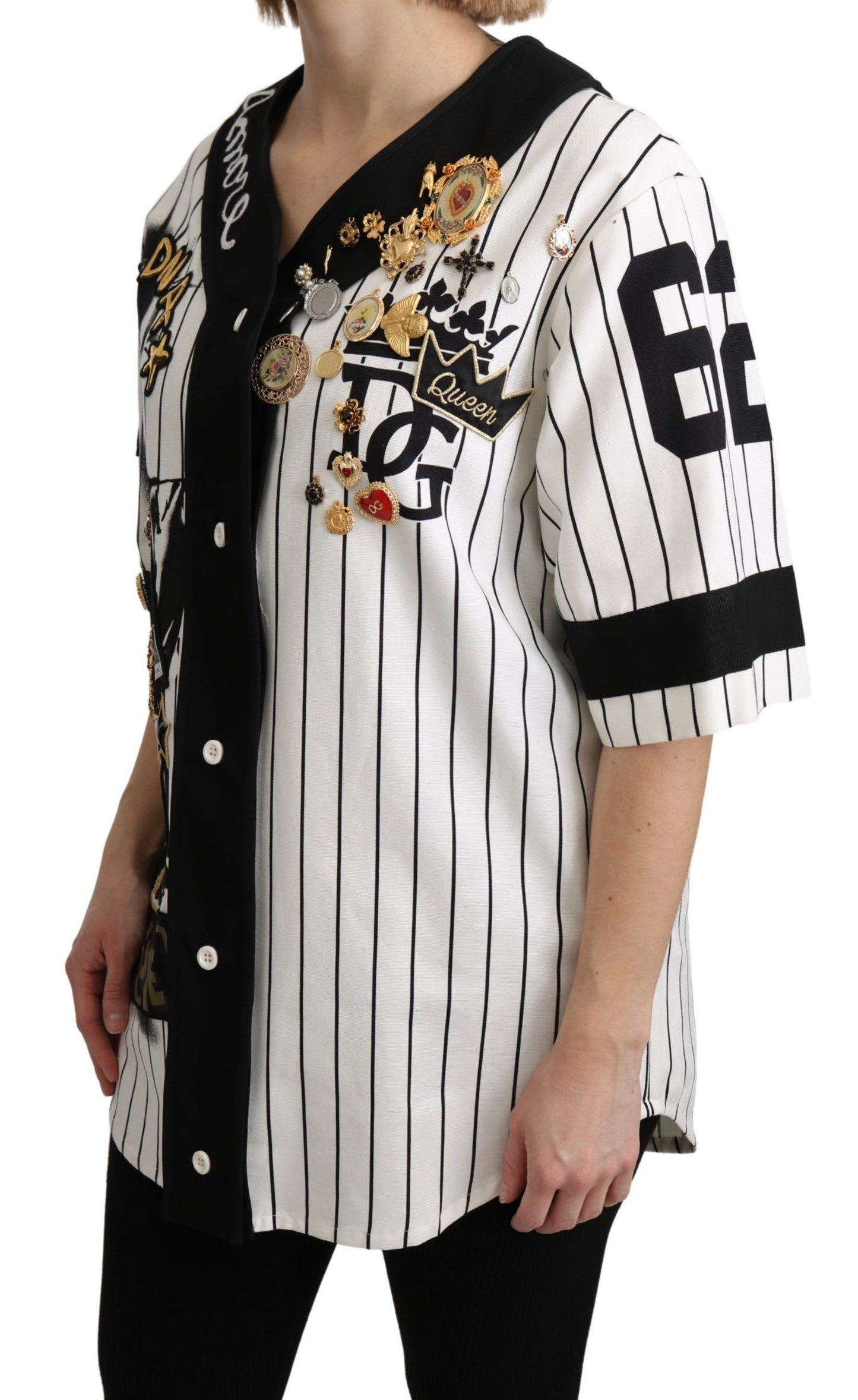 Dolce &amp; Gabbana White and black Blouse Cotton Crystal Charms Amore Shirt