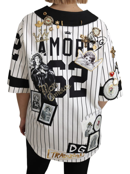Dolce &amp; Gabbana White and black Blouse Cotton Crystal Charms Amore Shirt