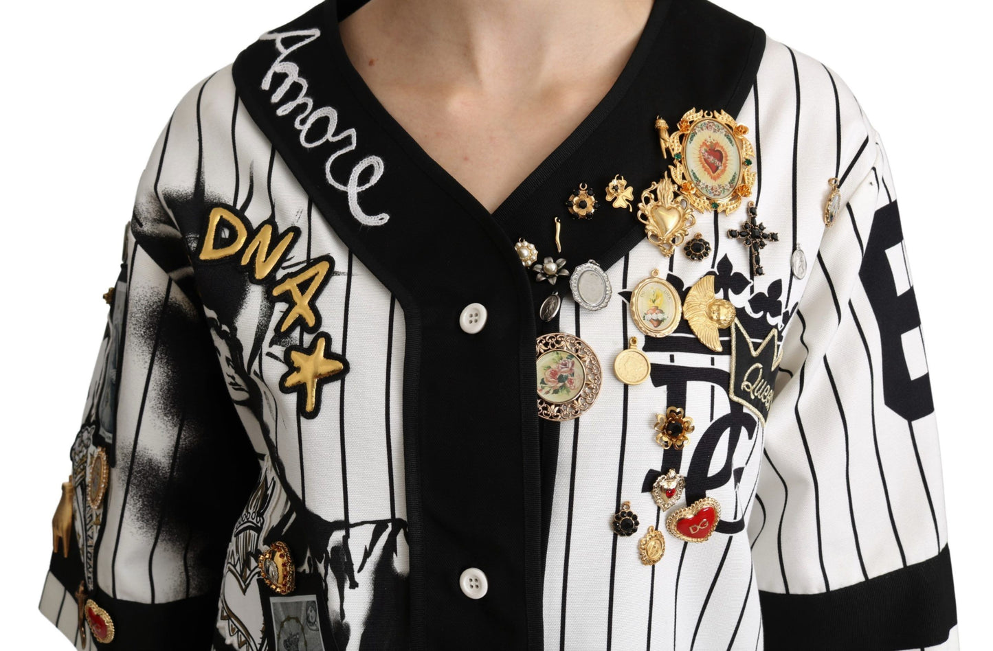 Dolce &amp; Gabbana White and black Blouse Cotton Crystal Charms Amore Shirt