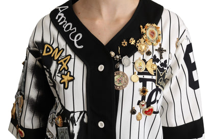 Dolce &amp; Gabbana White and black Blouse Cotton Crystal Charms Amore Shirt