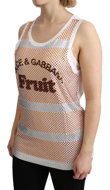 Dolce &amp; Gabbana Weiß-Orange Kristall Ärmelloses Tanktop aus Baumwolle