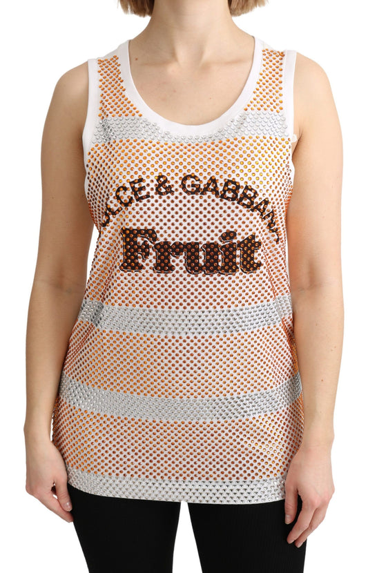 Dolce &amp; Gabbana Weiß-Orange Kristall Ärmelloses Tanktop aus Baumwolle