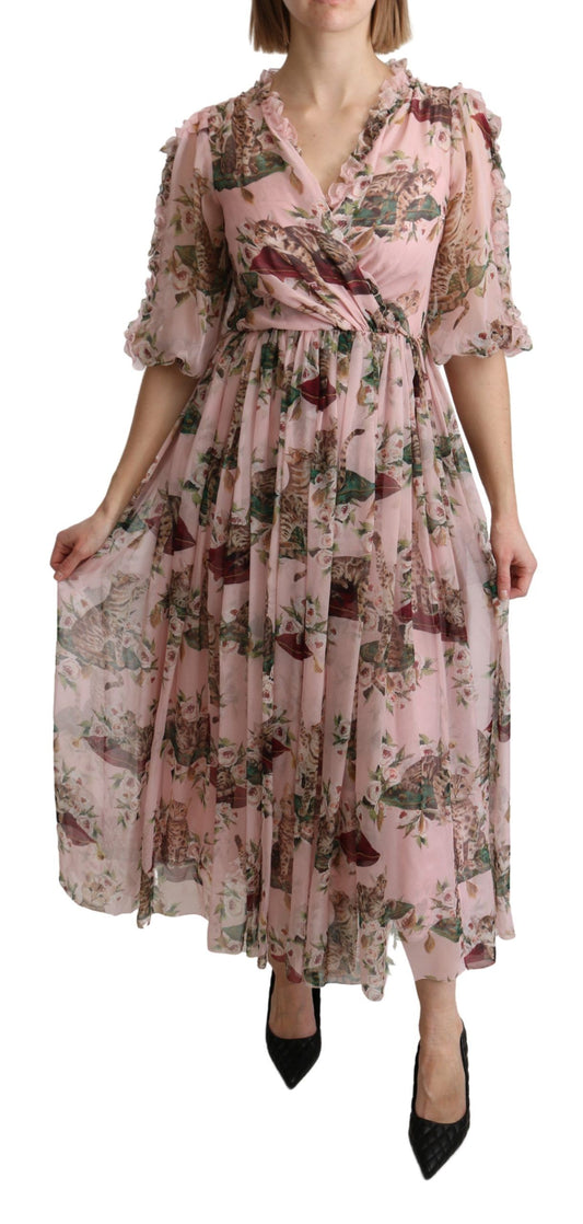 Dolce &amp; Gabbana – A-Linien-Maxikleid aus Seide mit rosa Bengalkatzen-Print