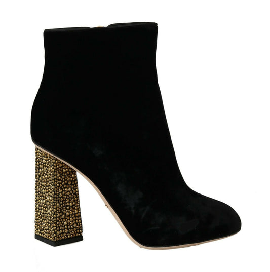 Dolce &amp; Gabbana – Schwarze Samtschuhe mit eckigem Absatz und Kristallen