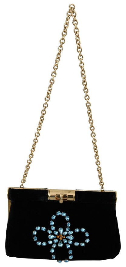 Dolce &amp; Gabbana Schwarzer Samt Kristallnieten Damen Umhängetasche Sling Borse