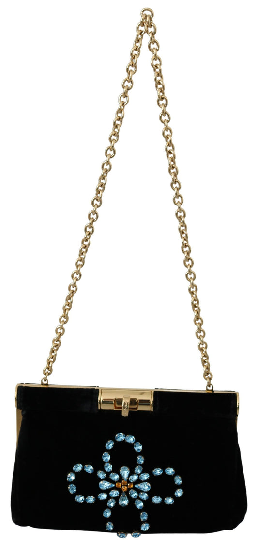 Dolce &amp; Gabbana Schwarzer Samt Kristallnieten Damen Umhängetasche Sling Borse