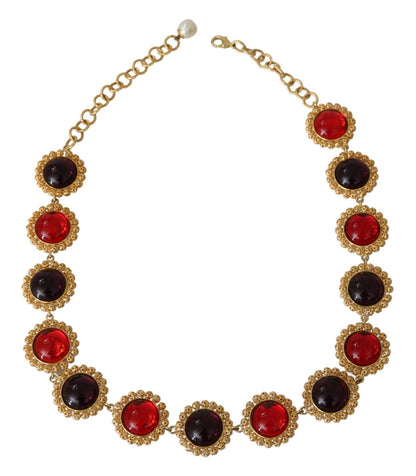 Dolce &amp; Gabbana Rot-Violett Kristall Blumenkette Statement Gold Messing Halskette