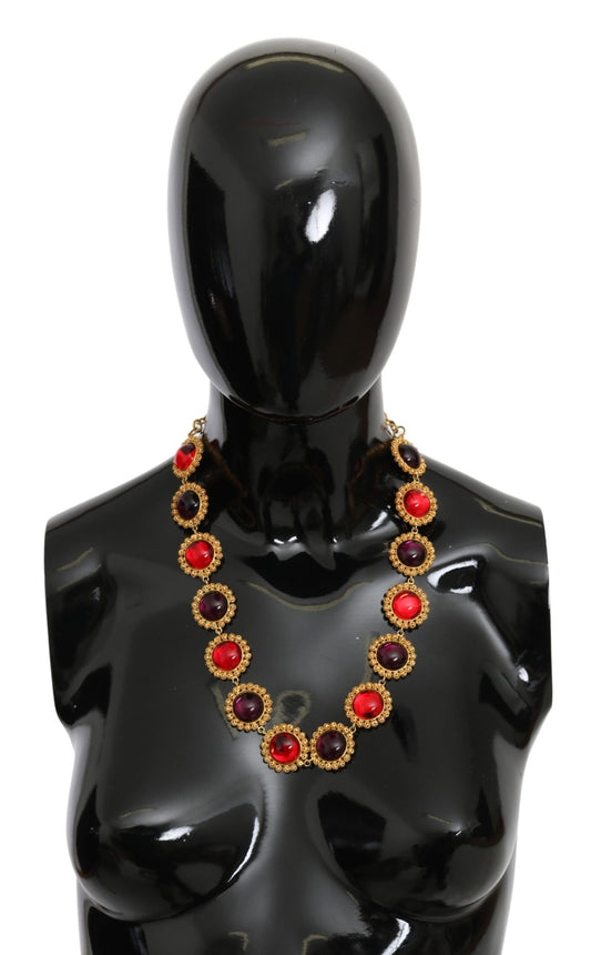 Dolce &amp; Gabbana Rot-Violett Kristall Blumenkette Statement Gold Messing Halskette