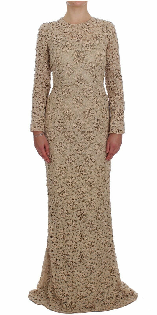Dolce &amp; Gabbana – Beiges Maxi-Etuikleid aus geblümter Spitze