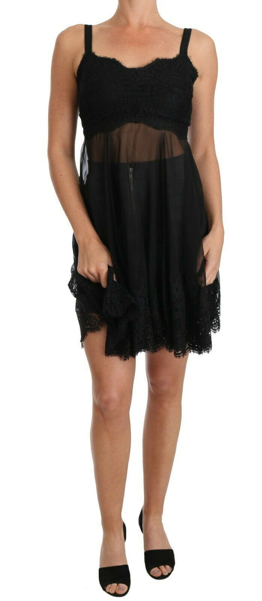 Dolce &amp; Gabbana – Schwarzes Seidenspitzenkleid mit Chemise