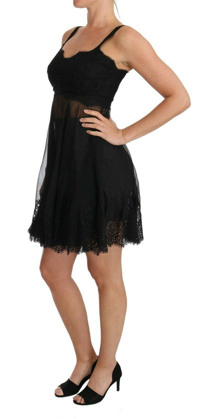 Dolce &amp; Gabbana – Schwarzes Seidenspitzenkleid mit Chemise