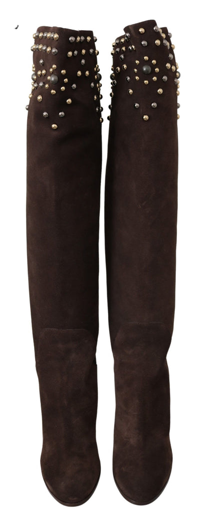 Dolce &amp; Gabbana – Kniehohe Stiefel aus Wildleder in Braun mit Nieten