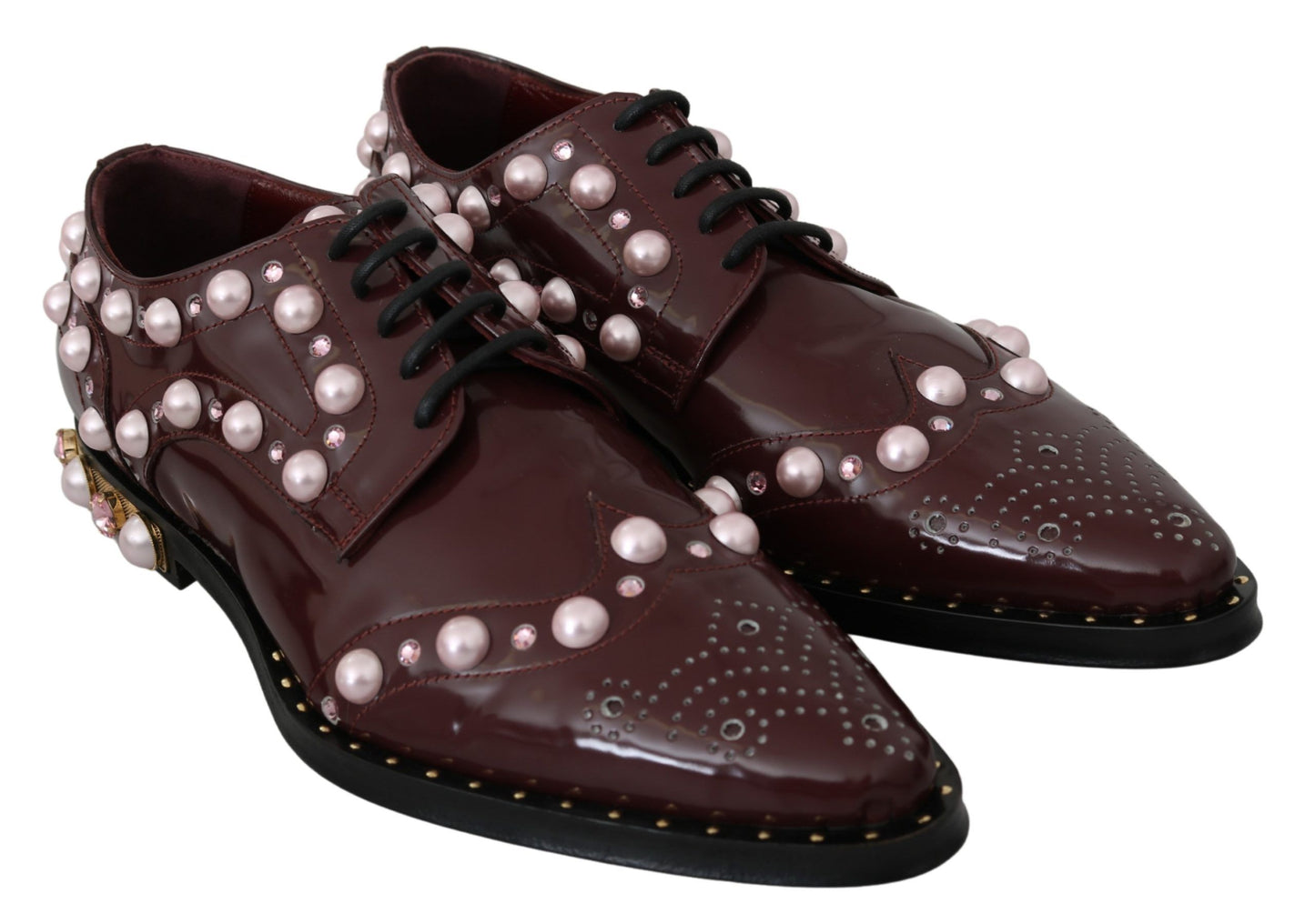 Dolce &amp; Gabbana – Bordeauxfarbene formelle Schuhe aus Leder mit Kristallperlen