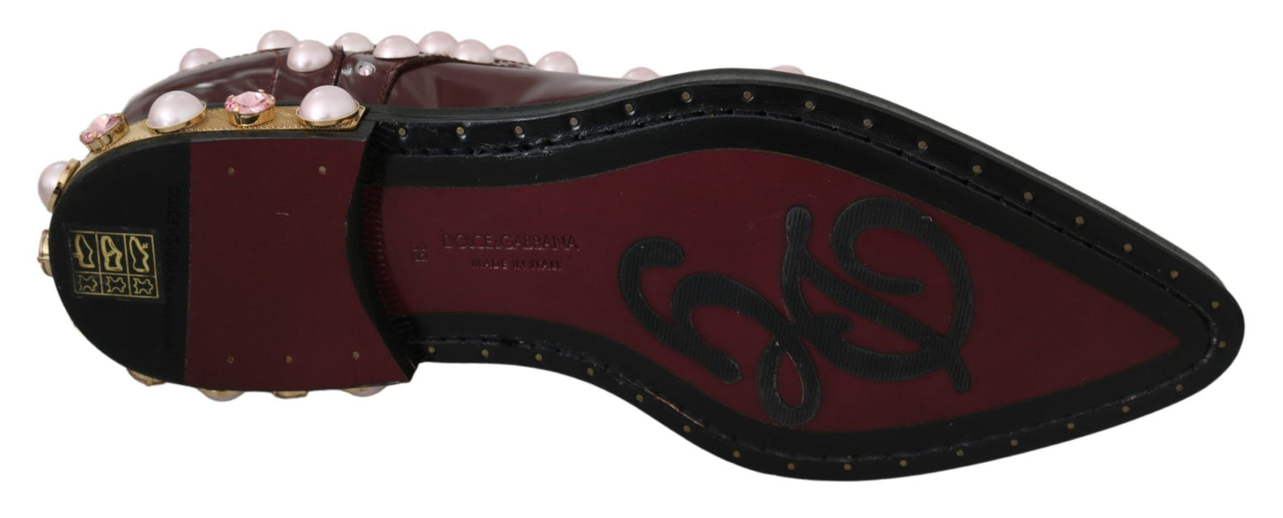 Dolce &amp; Gabbana – Bordeauxfarbene formelle Schuhe aus Leder mit Kristallperlen