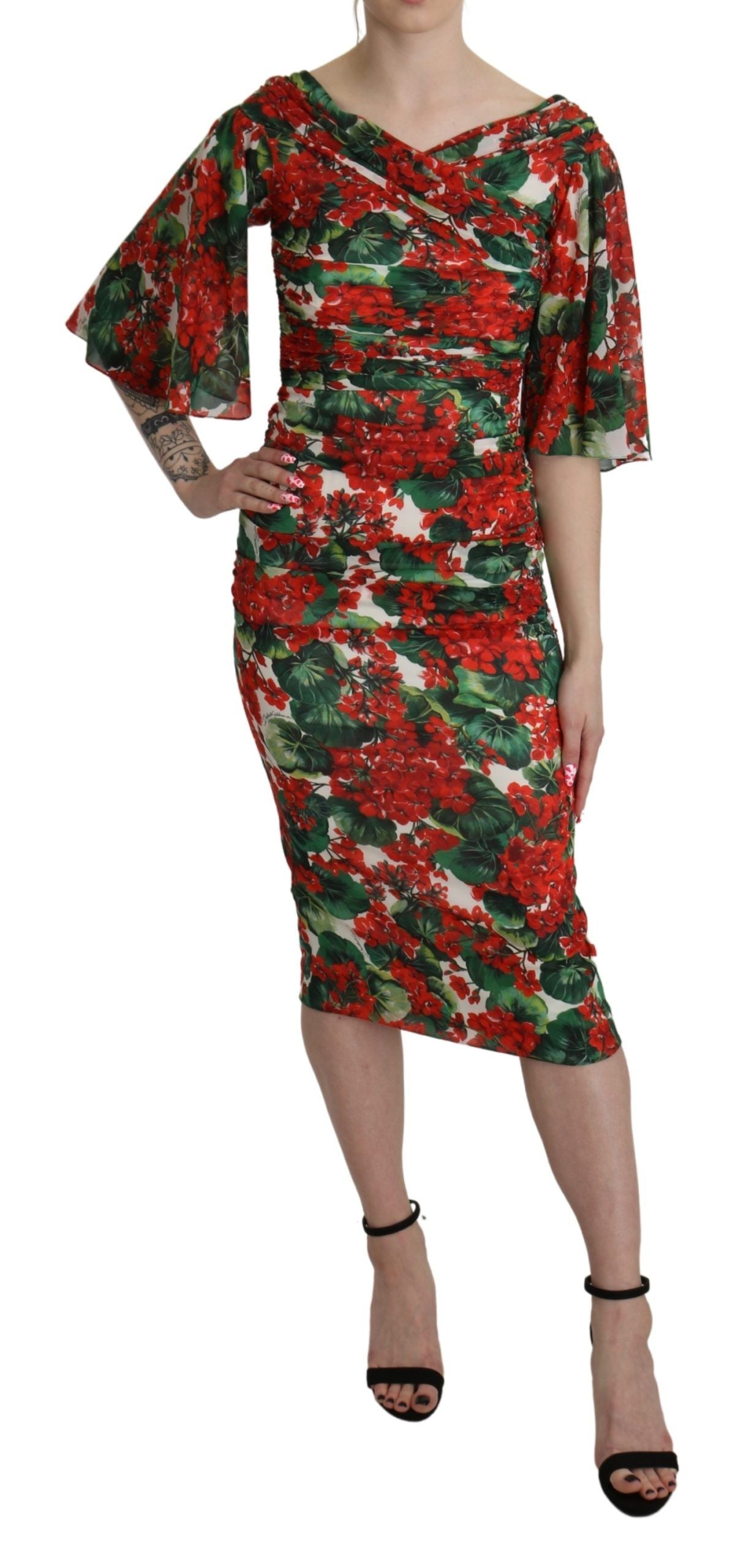 Dolce &amp; Gabbana – Rotes Etuikleid aus Midi-Stretch-Seide mit Blumenmuster