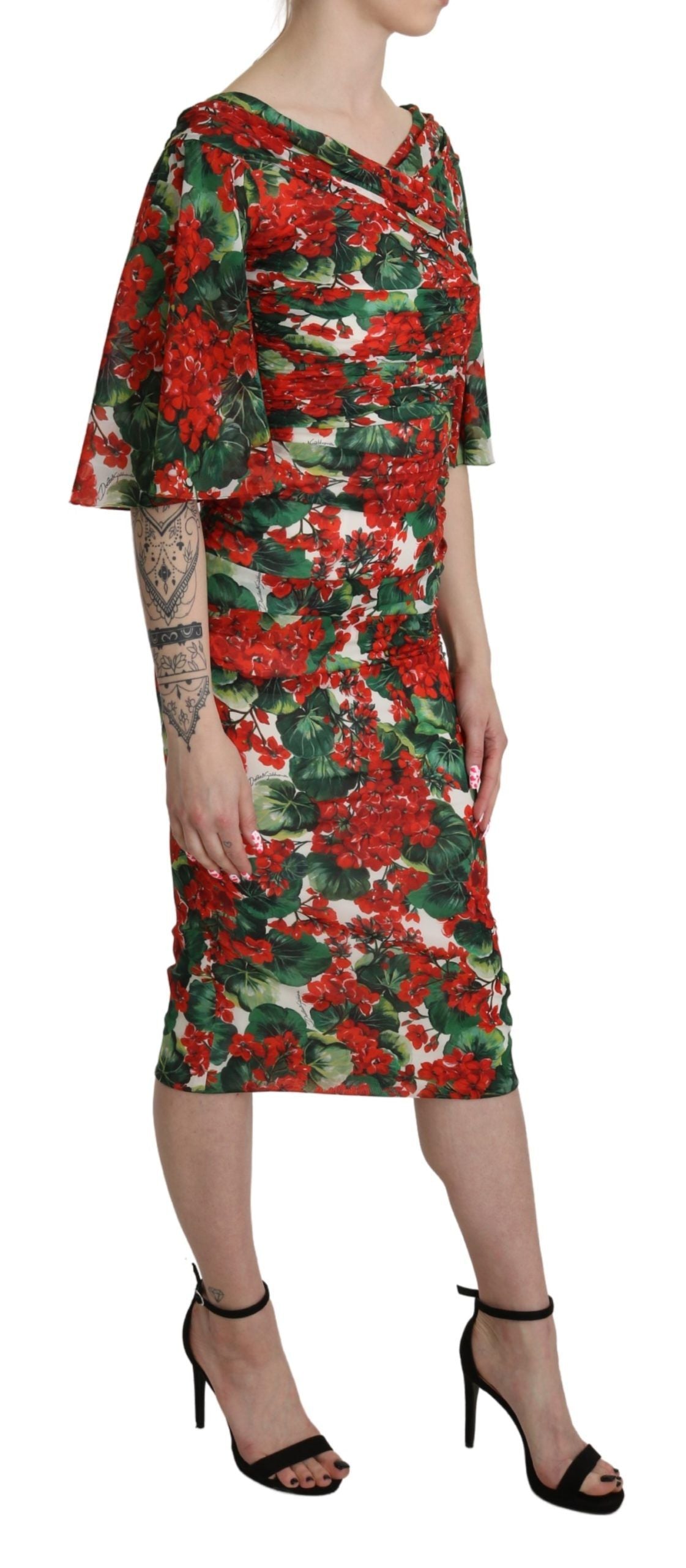Dolce &amp; Gabbana – Rotes Etuikleid aus Midi-Stretch-Seide mit Blumenmuster