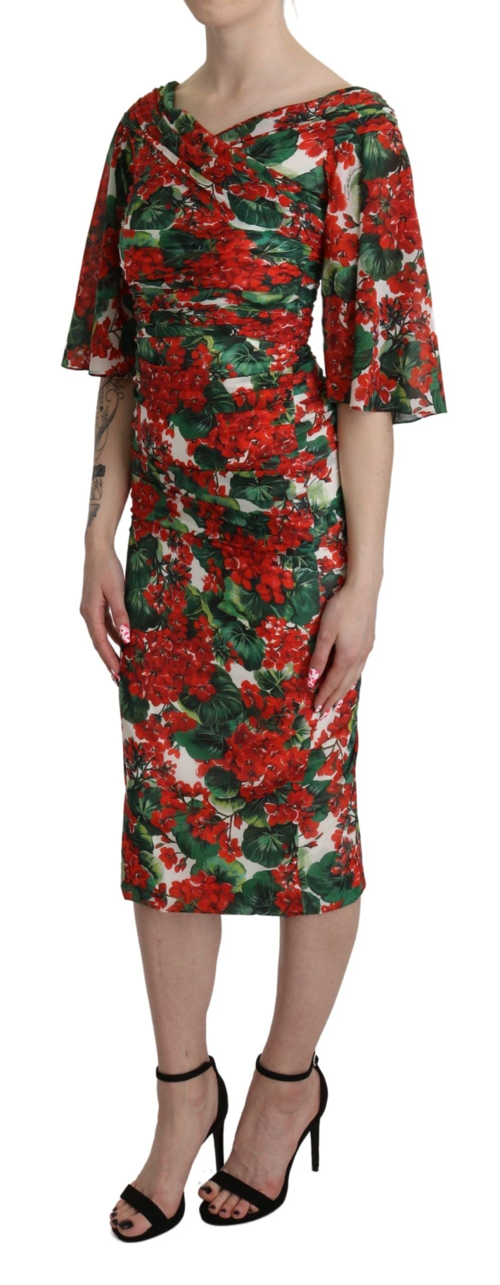 Dolce &amp; Gabbana – Rotes Etuikleid aus Midi-Stretch-Seide mit Blumenmuster