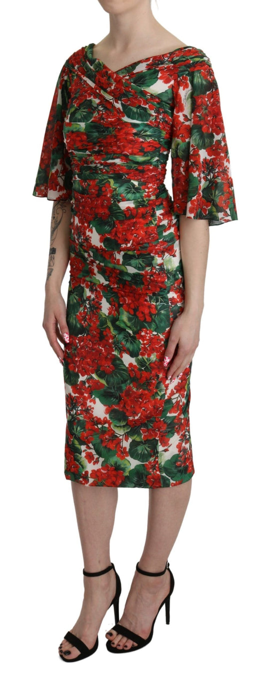 Dolce &amp; Gabbana – Rotes Etuikleid aus Midi-Stretch-Seide mit Blumenmuster
