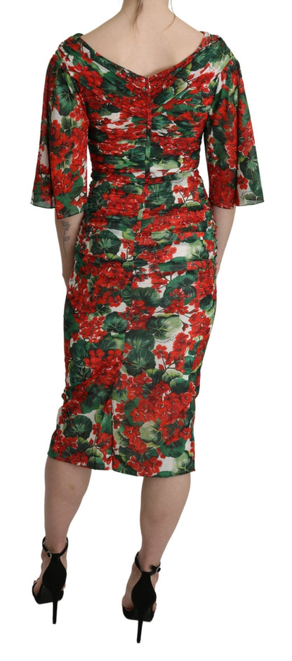 Dolce &amp; Gabbana – Rotes Etuikleid aus Midi-Stretch-Seide mit Blumenmuster