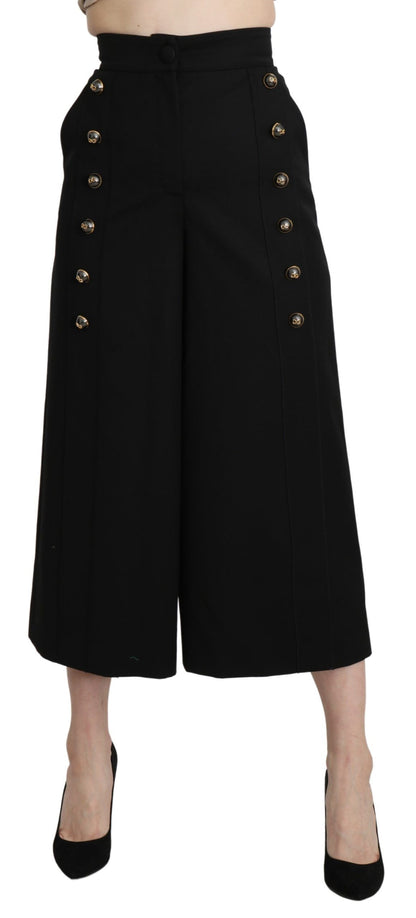 Dolce &amp; Gabbana – Schwarze, verkürzte Wollhose mit weitem Bein