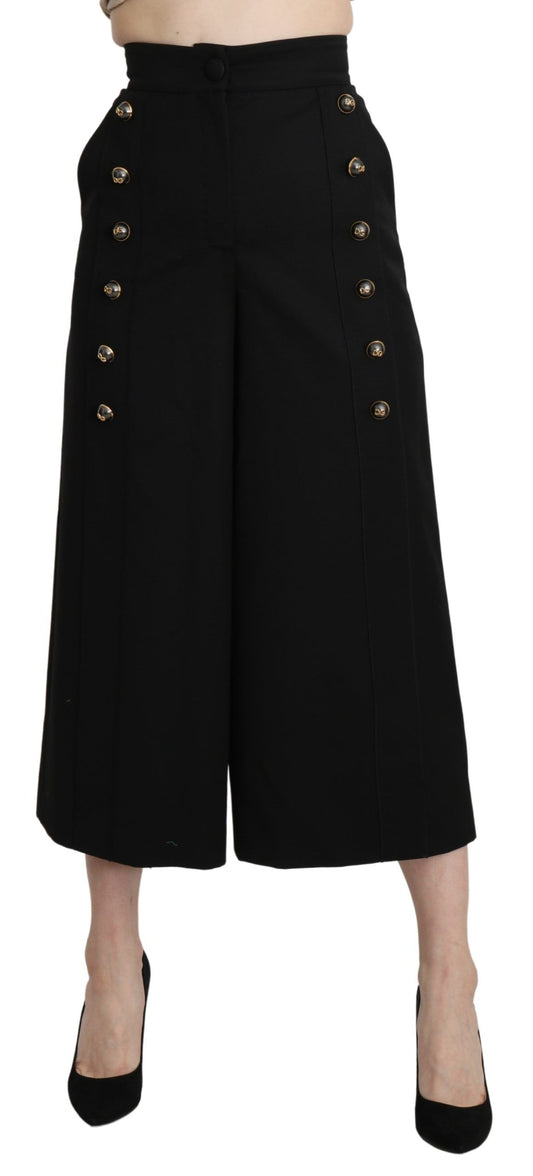 Dolce &amp; Gabbana – Schwarze, verkürzte Wollhose mit weitem Bein