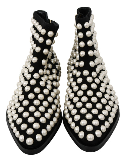 Dolce &amp; Gabbana – Stiefel aus schwarzem Wildleder mit Perlennieten