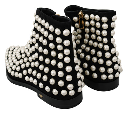 Dolce &amp; Gabbana – Stiefel aus schwarzem Wildleder mit Perlennieten