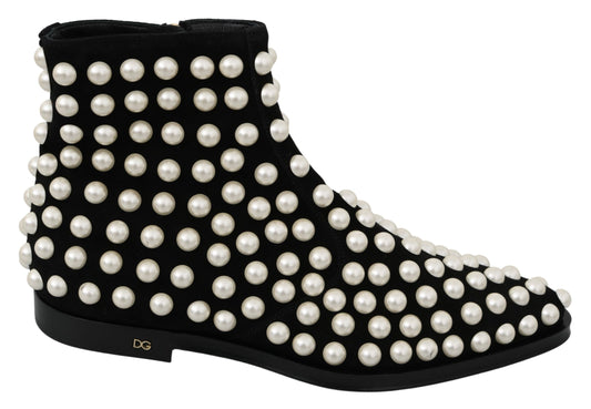 Dolce &amp; Gabbana – Stiefel aus schwarzem Wildleder mit Perlennieten
