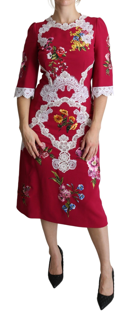 Dolce &amp; Gabbana – Rotes Midi-Etuikleid mit Blumenstickerei